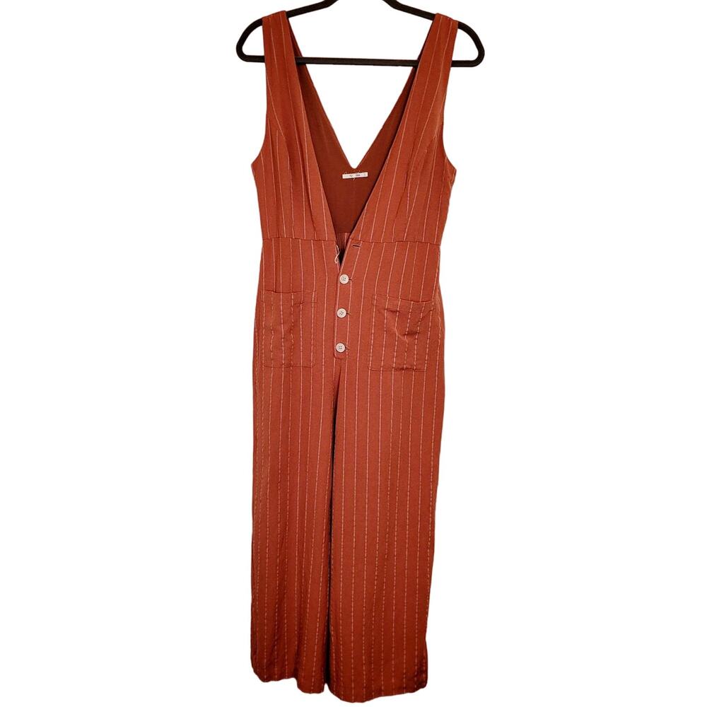 Revolve Tularosa Frankie red pinstripe linen wide leg jumpsuit Small Retro 70s